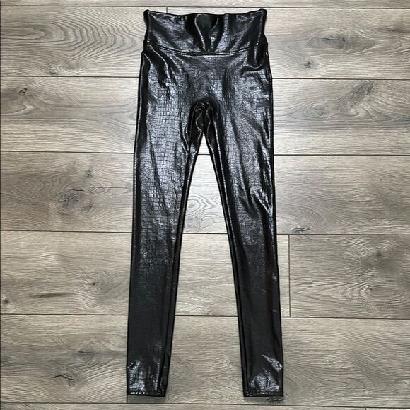 Spanx‎ Faux Leather Croc Shine Brown High Rise Leggings Size Small - Picture 2 of 10